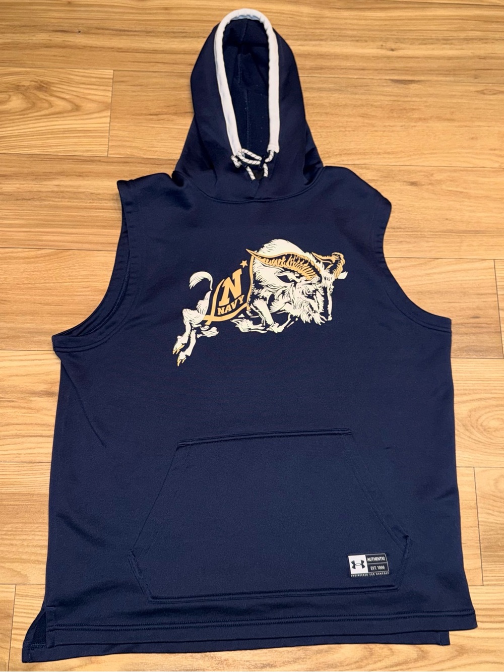 Navy MIDSHIPMAN Sleeveless Hoodie with Goat Graphic Under Armour mens Large